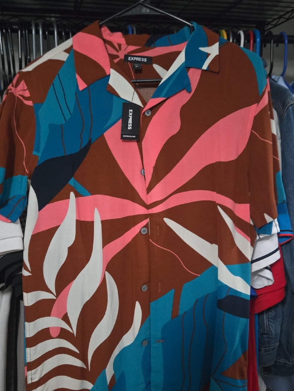 Express Men’s Brown Tropical Print Button-Down Shirt with Pink and Blue Accents